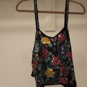 Floral Sequin Embellished Black Top